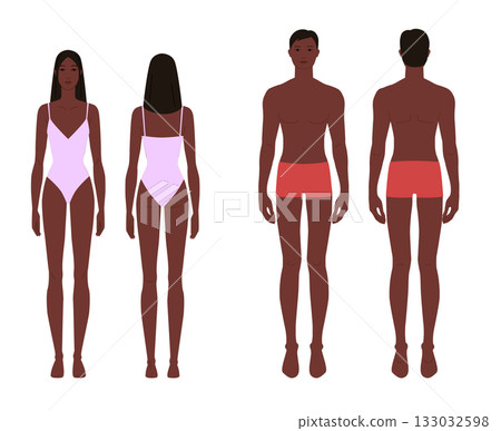 Male and female body template front and back view, Dark Brown skin tone diversity man, woman. Flat vector anatomy Male and female body template front and back view, Dark Brown skin tone diversity man, woman. Flat vector anatomy 133032598
