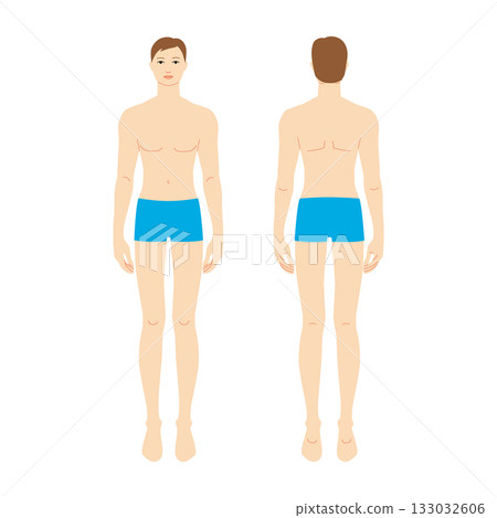 Standing male body in blue trunks displayed from front and back, vector template for sewing patterns, size guides Standing male body in blue trunks displayed from front and back, vector template for sewing patterns, size guides 133032606