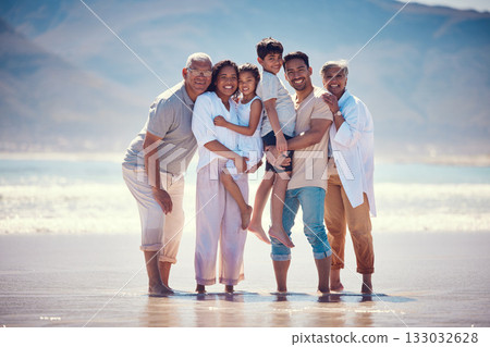 Beach, portrait of grandparents and parents with kids, smile and bonding together on ocean vacation. Sun, fun and happiness for hispanic men, women and children on summer holiday adventure in Mexico. Beach, portrait of grandparents and parents with kids, smile and bonding together on ocean vacation. Sun, fun and happiness for hispanic men, women and children on summer holiday adventure in Mexico. 133032628