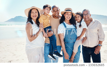 Portrait, beach and black family bonding in nature outdoor together on vacation during summer. Happy, smile or love with children, parents and grandparents on the coast or shore for a holiday Portrait, beach and black family bonding in nature outdoor together on vacation during summer. Happy, smile or love with children, parents and grandparents on the coast or shore for a holiday 133032685