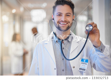Stethoscope, portrait or happy man doctor with leadership in hospital or clinic with smile or pride. Healthcare manager with job mindset for medical solutions or problem solving in health service 133032713