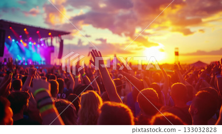 Vibrant music festival crowd at sunset, dancing with hands up, colorful stage lights, and a beautiful sunset in the background. 133032828
