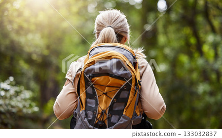 Backpack, woman in forest and hiking for adventure, fitness and workout for fresh air, balance and wellness. Female, lady or hiker with equipment, walking or exercise with healthy lifestyle in nature Backpack, woman in forest and hiking for adventure, fitness and workout for fresh air, balance and wellness. Female, lady or hiker with equipment, walking or exercise with healthy lifestyle in nature 133032837