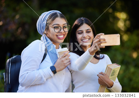 Happy, friends and selfie with women at college for social media, education and connection. Diversity, smile and happiness with girl and picture for university, student and development on campus 133032841
