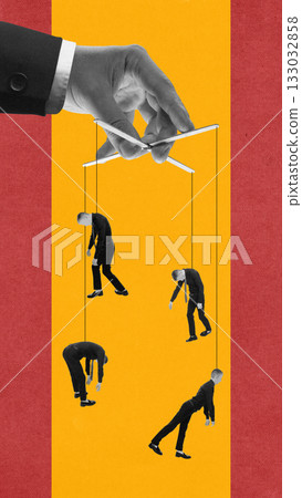 Modern composition of giant hand controlling human puppets on strings against yellow background 133032858