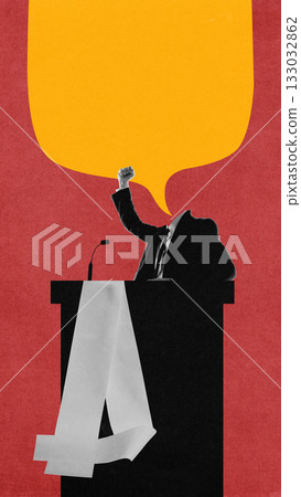 Conceptual collage of politician behind podium with raised fist and large empty speech bubble. 133032862