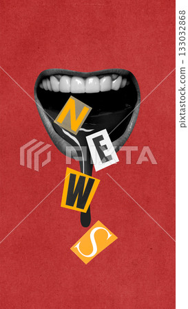 Mouth releasing the word news in surreal collage on red background 133032868