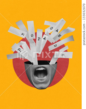 Creative digital artwork. Open mouth shouting propaganda letters on yellow background Creative digital artwork. Open mouth shouting propaganda letters on yellow background 133032870
