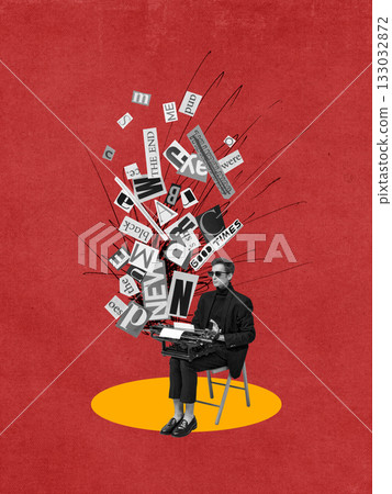 Surreal collage art. Man sitting with typewriter surrounded by exploding letters and words on red background Surreal collage art. Man sitting with typewriter surrounded by exploding letters and words on red background 133032872