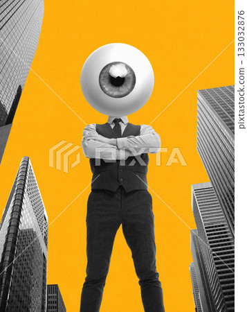 Man with giant eyeball head standing among skyscrapers in urban surveillance composition Man with giant eyeball head standing among skyscrapers in urban surveillance composition 133032876