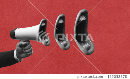 Megaphone projecting open mouths in surreal communication collage Megaphone projecting open mouths in surreal communication collage 133032878