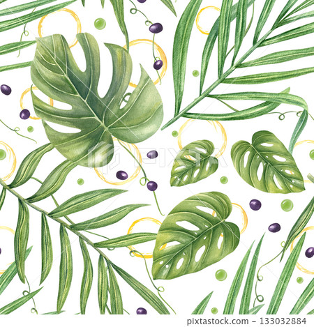 Watercolor floral tropical seamless pattern on isolated background. Philodendron and Cycas leaves, black seeds, green beads and yellow juice circles Hand painted green foliage for botanical decor 133032884