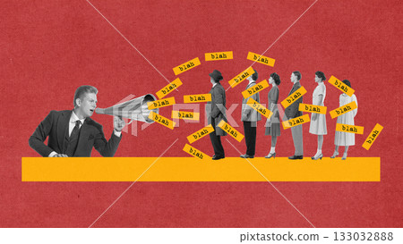 Man shouting through megaphone at people in line in propaganda illustration 133032888