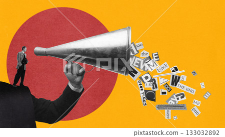 Megaphone spreading words and letters in surreal propaganda collage 133032892
