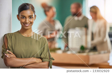 Woman, portrait smile and leadership with arms crossed for meeting, teamwork or collaboration at office. Happy businesswoman, leader or coach smiling in management for team planning at workplace 133032920