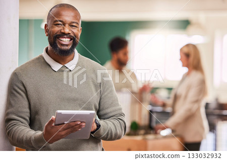 Black man, tablet and smile in portrait at startup, scroll device and happy with tech, communication and app. Social media, email and networking with businessman, web design or IT at digital agency 133032932
