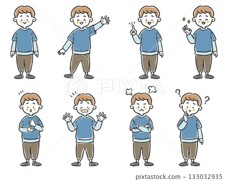 男孩插畫集，包含各種臉部表情、全身像、向量圖 133032935