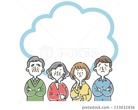 一幅描繪兩代同堂家庭疑慮的插圖，留有空白區域，向量圖。 133032936