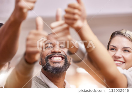 Thumbs up, winning and group of people with thank you, support and diversity hands sign for solidarity, yes or like. Vote, goals and winner team or business staff teamwork, agreement and well done 133032946