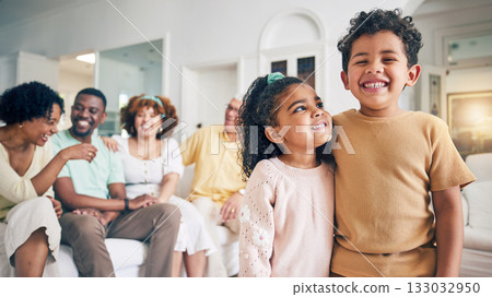 Portrait, family brother and sister smile, having fun and laughing together in home. Love, care and happy children, siblings or boy and girl bonding in living room and enjoying holiday or vacation. 133032950