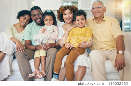 Portrait, happy and family on couch, quality time and bonding with rest, relax and loving together. Face, grandparents and father with mother, siblings and children on sofa, relationship or happiness Portrait, happy and family on couch, quality time and bonding with rest, relax and loving together. Face, grandparents and father with mother, siblings and children on sofa, relationship or happiness 133032963