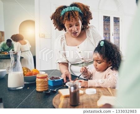 Love, breakfast food and black family kid, mother or people eating meal, bonding and prepare ingredients. Morning cooking, kitchen counter or hungry mom with young child making peanut butter sandwich 133032983