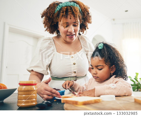 Love, breakfast food and black family child, mother or people eating meal, bonding and prepare ingredients. Morning cooking, kitchen counter or hungry mom with young kid making peanut butter sandwich Love, breakfast food and black family child, mother or people eating meal, bonding and prepare ingredients. Morning cooking, kitchen counter or hungry mom with young kid making peanut butter sandwich 133032985