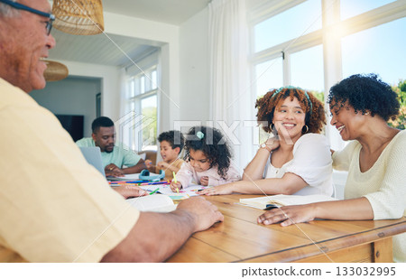 Senior family talking, bonding and teaching children for home education, holiday fun and happy conversation. Biracial people or grandparents chat or having discussion of kids learning development Senior family talking, bonding and teaching children for home education, holiday fun and happy conversation. Biracial people or grandparents chat or having discussion of kids learning development 133032995