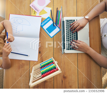 Work from home family learning from above with child writing, drawing or kindergarten development. Mother hands typing on laptop, remote job opportunity and research for kid knowledge or creativity Work from home family learning from above with child writing, drawing or kindergarten development. Mother hands typing on laptop, remote job opportunity and research for kid knowledge or creativity 133032996