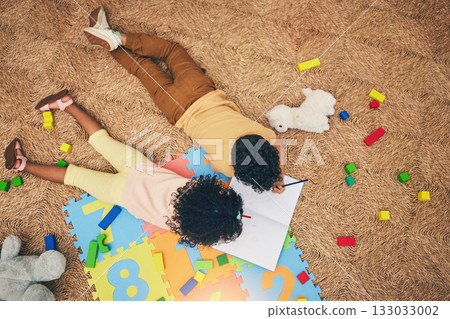 Drawing, book and top view of children on floor with toys, number puzzle and playing together at home. Family, educational games and happy boy and girl do fun activity, creative learning and relax Drawing, book and top view of children on floor with toys, number puzzle and playing together at home. Family, educational games and happy boy and girl do fun activity, creative learning and relax 133033002