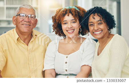 Portrait, family and adult daughter bonding in home, having fun and smiling together. Love, care and happy grandmother, grandfather and woman smile in living room and enjoying holiday or vacation. Portrait, family and adult daughter bonding in home, having fun and smiling together. Love, care and happy grandmother, grandfather and woman smile in living room and enjoying holiday or vacation. 133033007