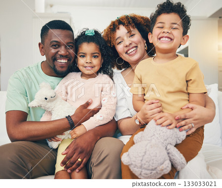 Black family, home portrait and living room sofa of mama, father and children with happiness. Happy, smile and bonding of a mom, dad and young kids together having fun with parent love and support Black family, home portrait and living room sofa of mama, father and children with happiness. Happy, smile and bonding of a mom, dad and young kids together having fun with parent love and support 133033021