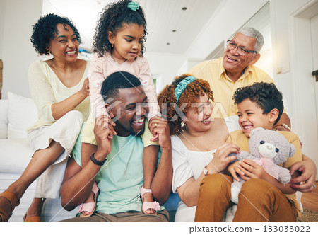 Black family, smile and living room sofa with senior people, parent love and care in home. Lounge, happiness and children with mom and dad feeling happy with kids on couch with mama and grandparents Black family, smile and living room sofa with senior people, parent love and care in home. Lounge, happiness and children with mom and dad feeling happy with kids on couch with mama and grandparents 133033022