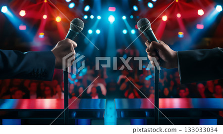 兩隻手分別拿著麥克風和舞檯燈光 兩隻手分別拿著麥克風和舞檯燈光 133033034