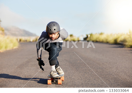 Skateboard, sports and mountain with man in road and travel for speed, freedom and summer break. Motion, adventure and fitness with guy skating fast in street for training, gen z or balance in nature Skateboard, sports and mountain with man in road and travel for speed, freedom and summer break. Motion, adventure and fitness with guy skating fast in street for training, gen z or balance in nature 133033064
