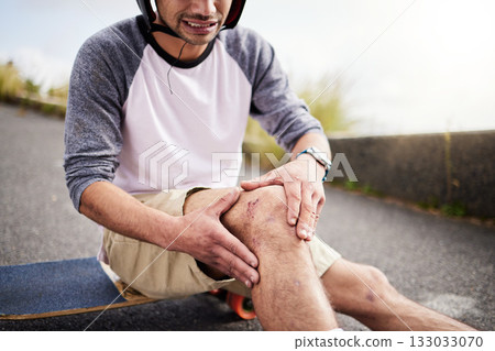 Injury, man and knee pain after skateboarding accident, practice and learning to skate. Active, bad and skateboarder with a bruise, broken bone or holding a painful leg in the street while skating Injury, man and knee pain after skateboarding accident, practice and learning to skate. Active, bad and skateboarder with a bruise, broken bone or holding a painful leg in the street while skating 133033070