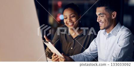 Tablet reading, night teamwork and business people review article for media app, website database or social network. Happy research collaboration, online blog editor and journalist editing news post 133033092