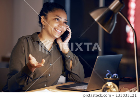 Phone call communication, night or business woman explain idea, proposal or plan on digital chat with investment contact. Networking conversation, discussion or person talking, speaking or consulting 133033121