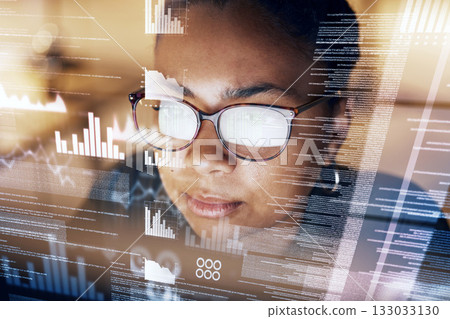 Future screen, statistics and night woman reading data analysis of fintech insight hud, administration or bank accounting. Financial analyst, face overlay and African accountant review business chart 133033130