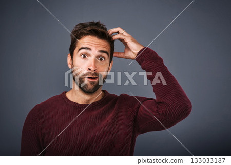 Confused, worry and portrait of man in studio with doubt, scratch head and thoughtful on gray background. Thinking, mockup space and funny face of male person wonder for decision, choice and question Confused, worry and portrait of man in studio with doubt, scratch head and thoughtful on gray background. Thinking, mockup space and funny face of male person wonder for decision, choice and question 133033187