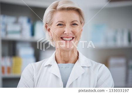 Pharmacy, pharmacist portrait and smile of woman in drugstore or medicine shop. Healthcare, doctor face and happy, proud and confident senior medical professional from Canada laughing for career. Pharmacy, pharmacist portrait and smile of woman in drugstore or medicine shop. Healthcare, doctor face and happy, proud and confident senior medical professional from Canada laughing for career. 133033197