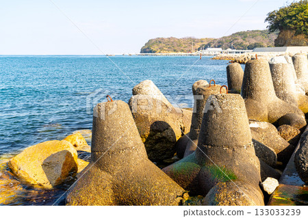 Tetrapods piled up on the beach and the blue sky Tetrapods piled up on the beach and the blue sky 133033239