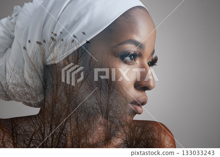 Beauty, double exposure and profile of black woman in studio for culture, mockup and cosmetics. Abstract, art and creative with face of female model isolated on gray background for nature and trees Beauty, double exposure and profile of black woman in studio for culture, mockup and cosmetics. Abstract, art and creative with face of female model isolated on gray background for nature and trees 133033243