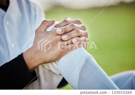 Baseball, pain and hands with knee injury on field after accident, fall or workout in match. Sports, training and player man with fibromyalgia, inflammation or broken leg, arthritis or tendinitis. 133033260