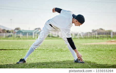 Baseball stadium, stretching legs or man on field ready for training match on grass in summer. Healthy athlete, fitness workout or young sports player warm up to start softball exercise outdoors 133033264