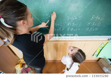 Teacher and student at chalkboard learning arithmetic equations. Classroom setting emphasizing learning and education. 133033280