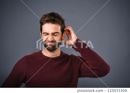 Worry, thinking and face of unsure man in studio with doubt, uncertain and thoughtful on gray background. Confused, mockup space and male person scratch head skeptical for decision, choice and idea Worry, thinking and face of unsure man in studio with doubt, uncertain and thoughtful on gray background. Confused, mockup space and male person scratch head skeptical for decision, choice and idea 133033309