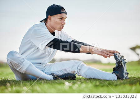 Baseball stadium, stretching or sports man on field ready for training match on a pitch or grass in summer. Softball exercise, fitness workout or young player in warm up to start playing outdoors Baseball stadium, stretching or sports man on field ready for training match on a pitch or grass in summer. Softball exercise, fitness workout or young player in warm up to start playing outdoors 133033328