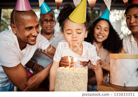 Birthday, party and cake for boy with parents and grandparents together for celebrating, bond and fun. Joy, event and child blowing candles with family at table, happy and excited for celebration 133033351