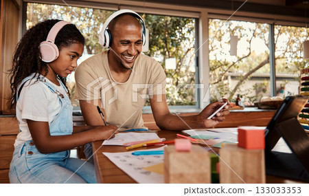 Headphones, black family and kid with online audio streaming, language learning and translation service for support. Happy father with girl child listening on tablet app for webinar or video call 133033353